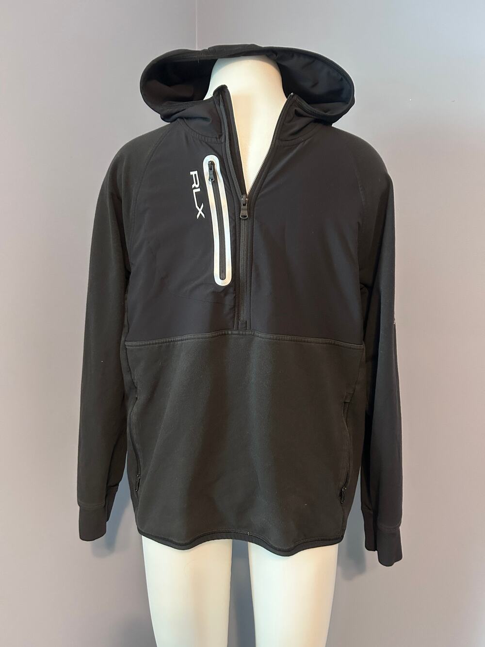 This RLX Ralph Lauren men's black solid 1/2 zip hooded golf jacket - Large